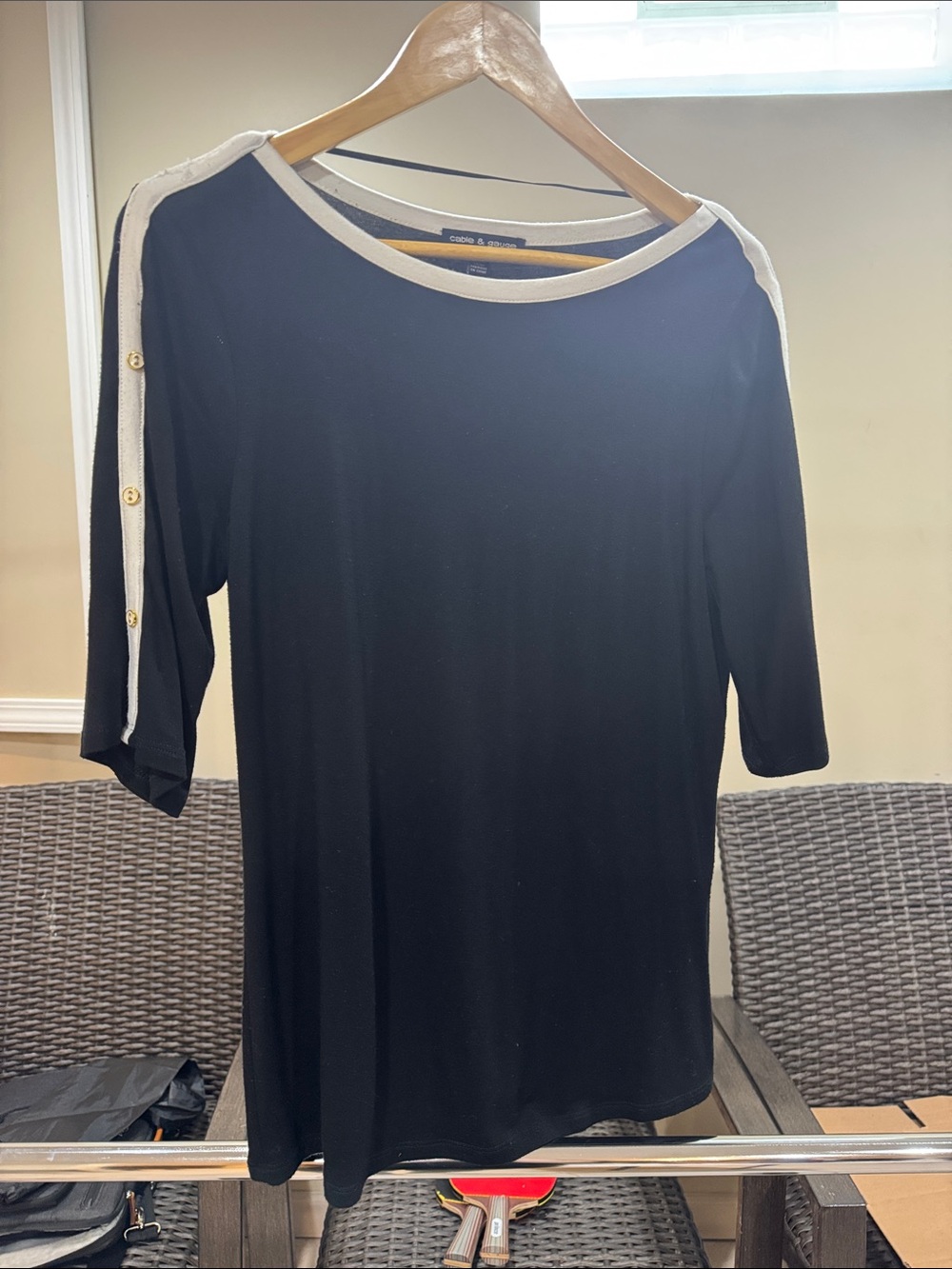 Cable & Gauge Black Short Sleeve Boatneck Top with Cream Trim